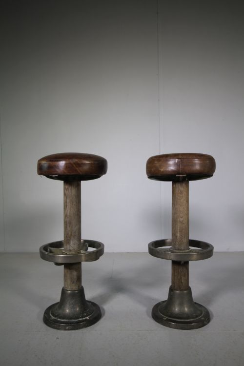 Pair of Antique Bronze & Leather Ships Bar Stools