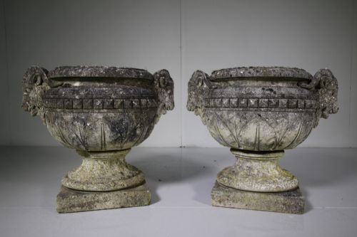 Pair of 1920'S Rams Head Stone Garden Urns