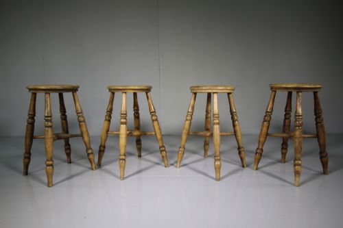 True Set of Four Antique Sycamore Kitchen Stools