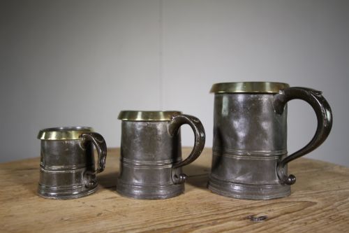 Set of Three English Antique Pewter & Bronze Measures