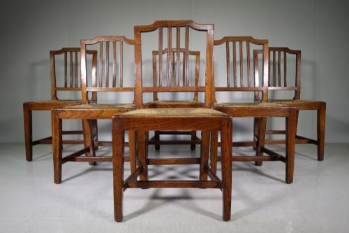 Set of Six Antique Country Elm Dining Chairs
