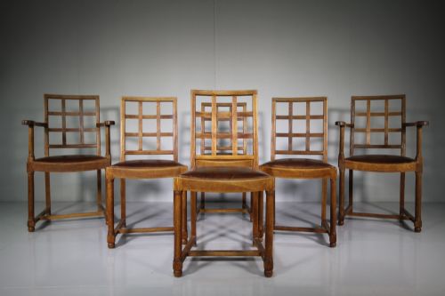 fig 1. Excellent Set of Six Antique Oak Heals Tilden Dining Chairs