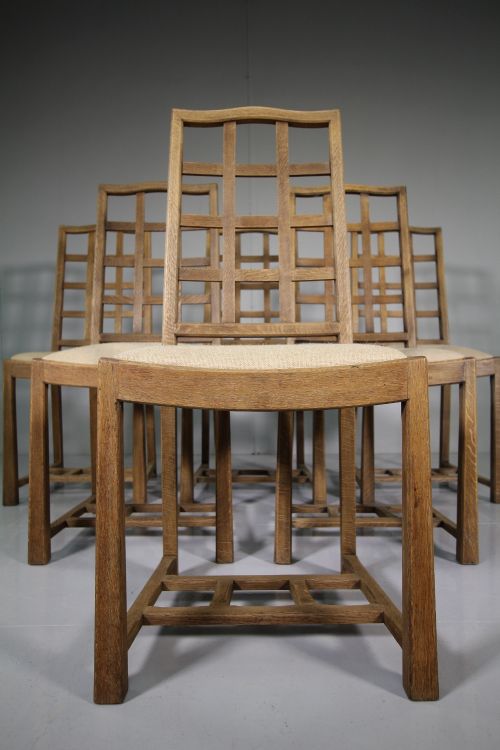 Rare Set of Six Heals Antique Oak Dining Chairs