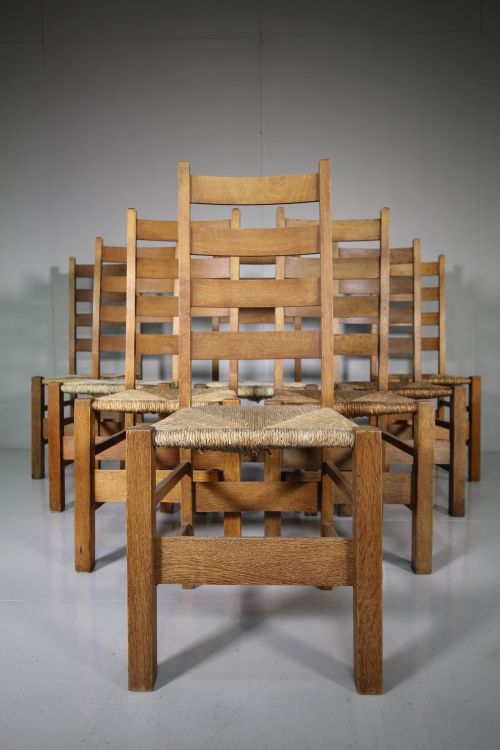 Superb Set of Eight Antique Heals Oak Letchworth Dining Chairs
