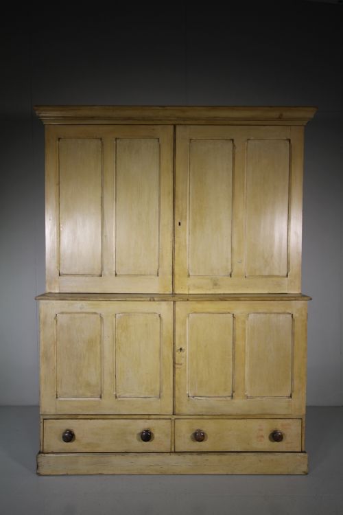 English Original Painted Pine Antique Cupboard -Blue Inside