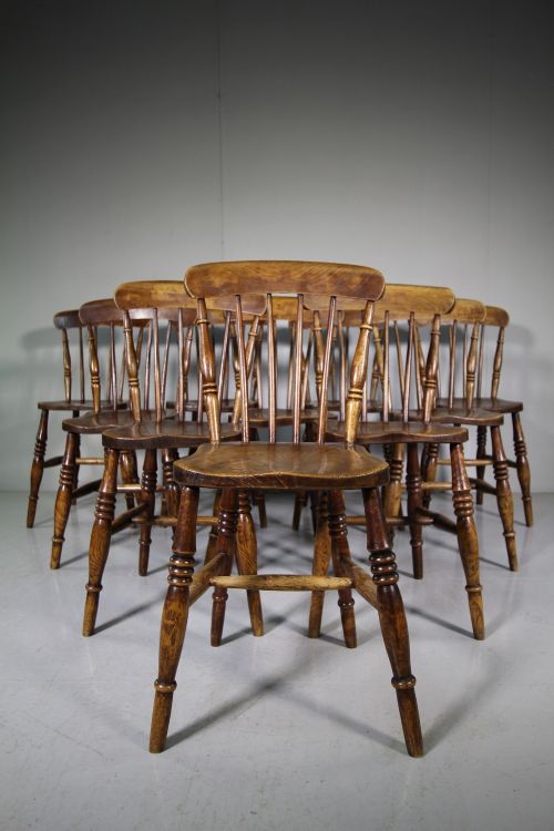 True Set of Twelve 19th C Antique Kitchen Dining Chairs