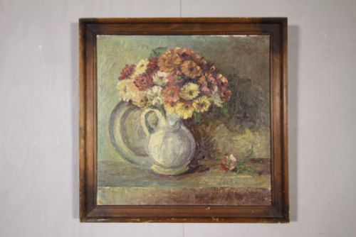 Zinnias English 1960'S Floral Oil Painting