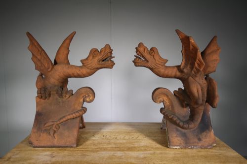 Rare Pair of 19th Century Antique Terracotta Roof Dragons
