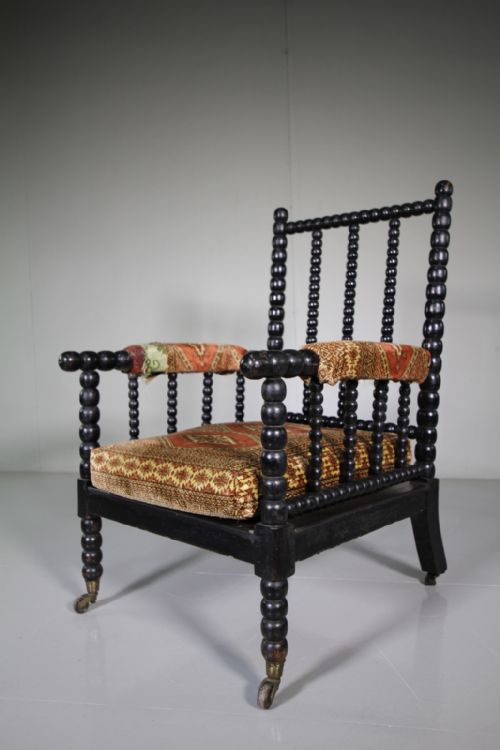 19th Century Antique Upholstered Bobbin Armchair