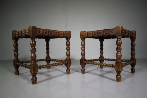Pair of Antique Walnut & Leather Stools