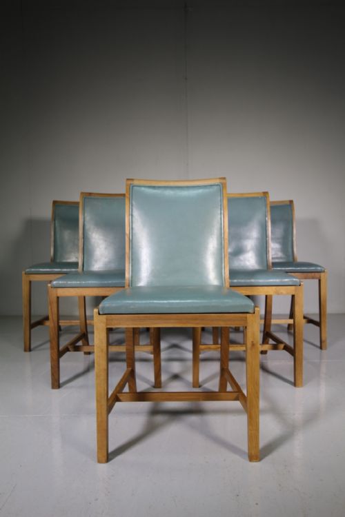 Set of Six Heals Antique Walnut & Leather Dining Chairs - Labelled
