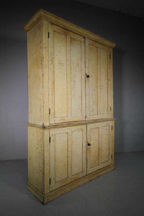English 19th C Original Panted Pine Four Door Cupboard
