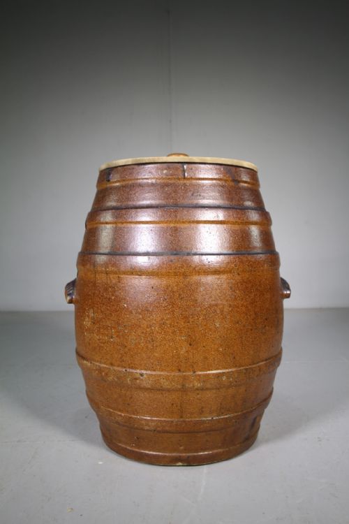 Large English 19th Century Antique Crock Barrel & Lid