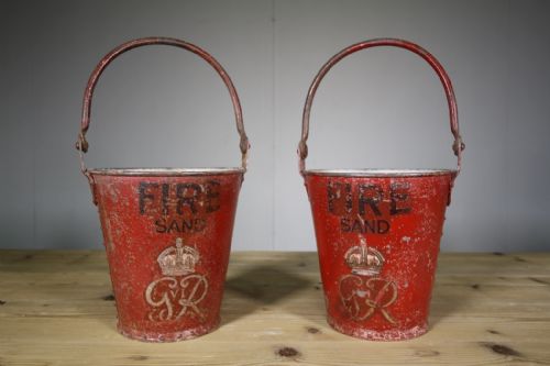 Pair of Antique Metal Fire Buckets in Original Paint