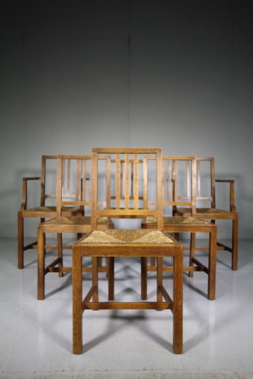 Set of Six Antique Oak Dining Chairs by Heals of London - Labelled