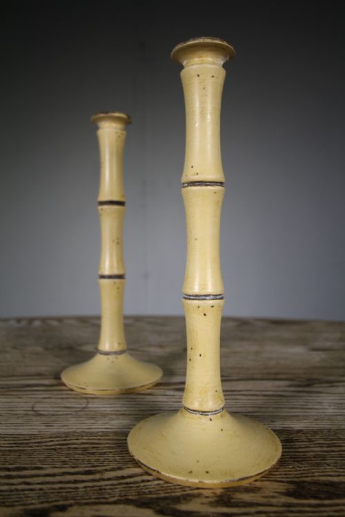 Pair Antique Faux Bamboo Candlesticks in Original Paint

