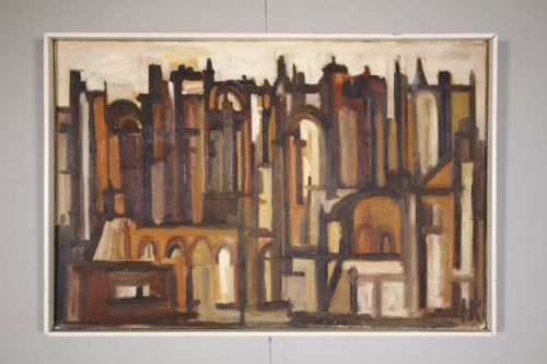 Helen Kelly Abstract Oil Painting University City Dated 1963