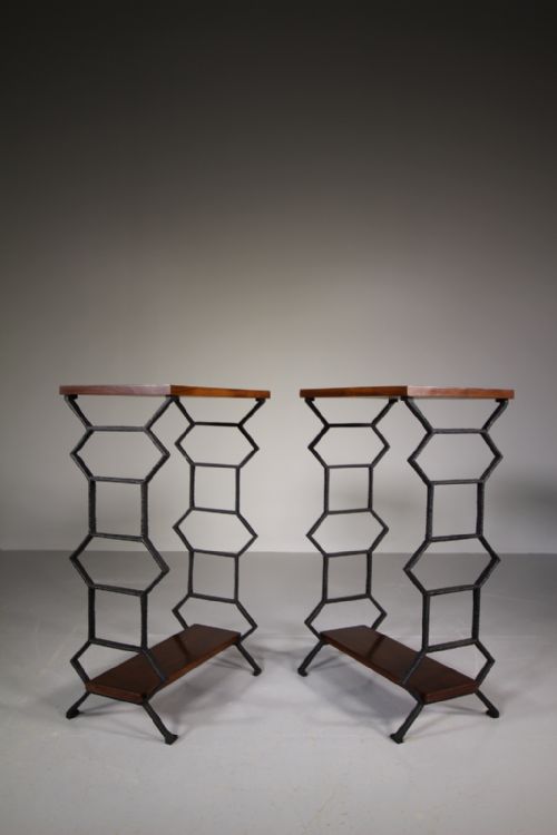 Pair of Antique Iron & Mahogany Bedside Tables