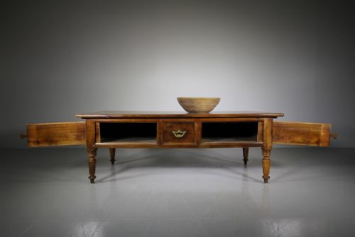 Large French Antique Fruitwood Coffee Table with Boards