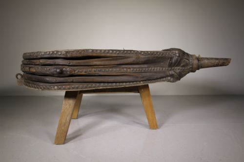 Massive Pair of Elm & Leather Antique Bellows on Table