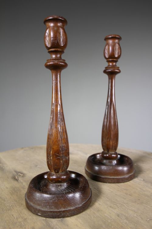 Pair of English Oak Candlesticks - Dated 1930