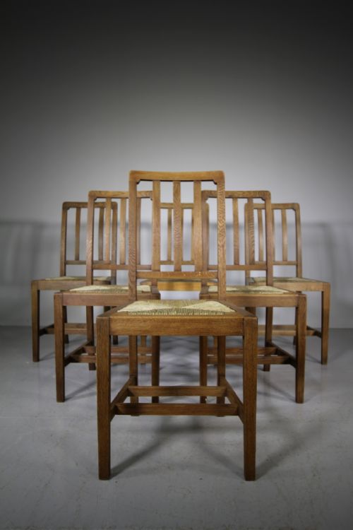 Set of Six Heals of London Antique Oak Dining Chairs