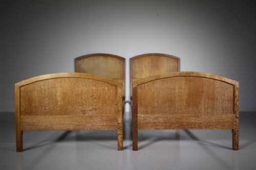 Pair of 1930'S Heals Oak Single Beds with Bases - Labelled