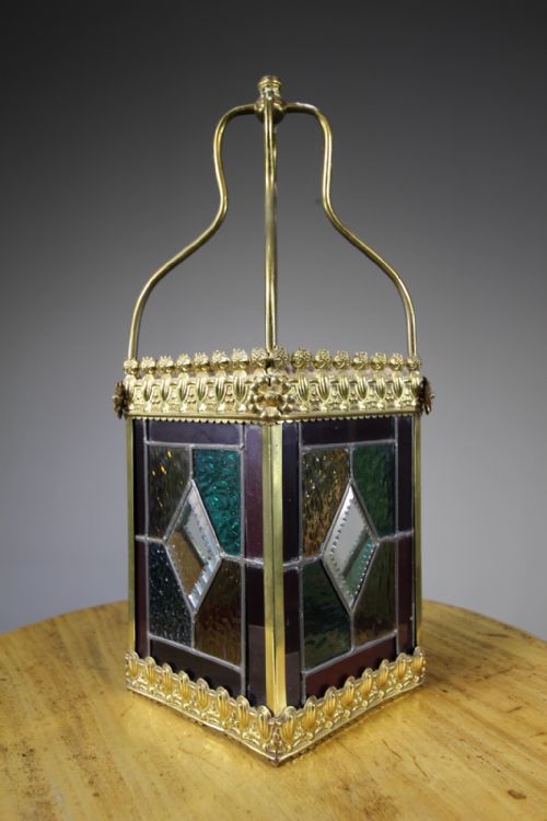 English 19th Century Antique Leaded Glass & Brass Lantern