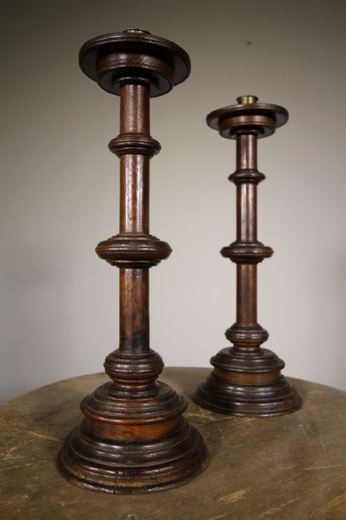 Tall Pair of 19th Century English Antique Oak Candlesticks