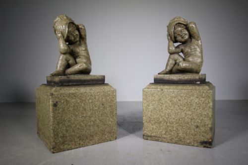 Pair of Edwardian Antique Glazed Terracotta Garden Imps