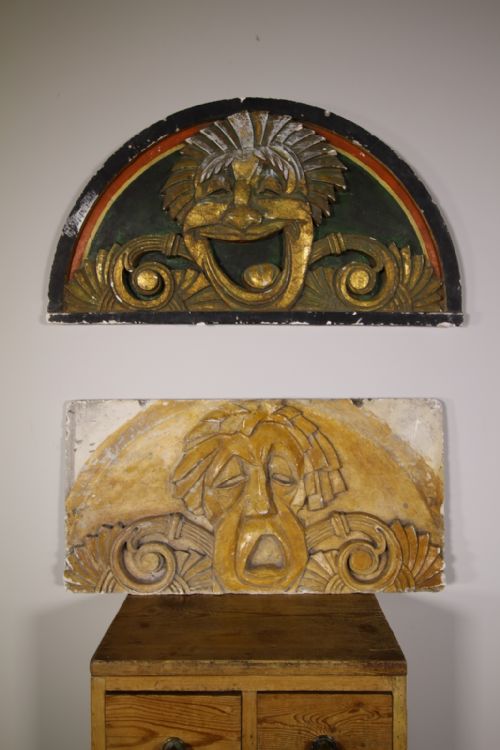 Pair of Edwardian Antique Plaster Theatre Mask Reliefs