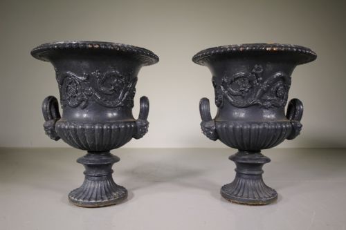 Pair of English Original Antique Cast Iron Garden Urns