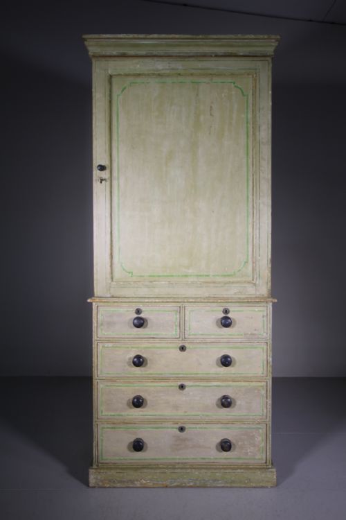 English Original Antique Painted Pine Linen Press Cupboard