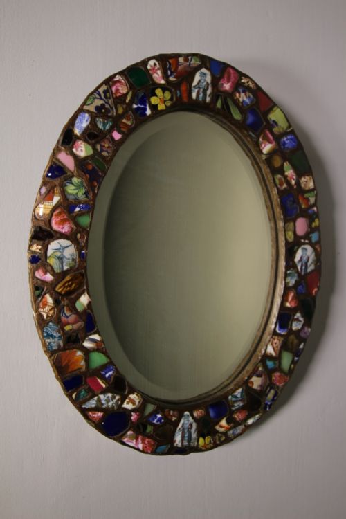 19th Century Antique Oval Pottery Fragment Oval Mirror