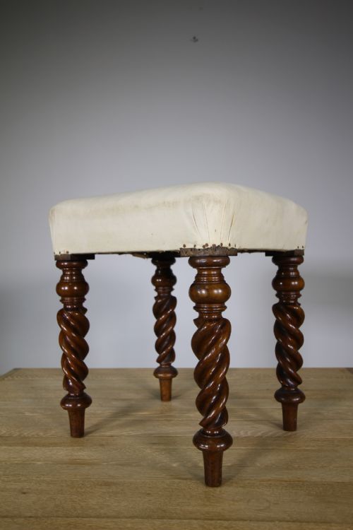 Large 19th Century Antique Twist Leg Upholstered Stool