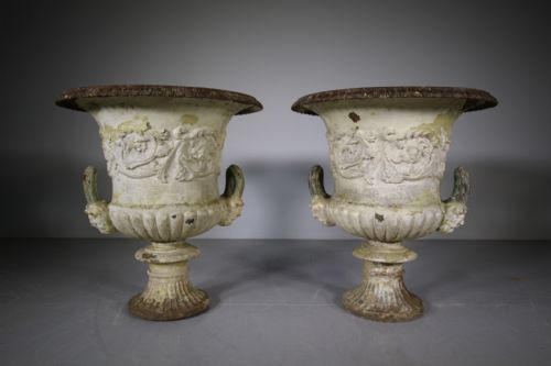Pair of Large English 19th Century Antique Iron Garden Urns