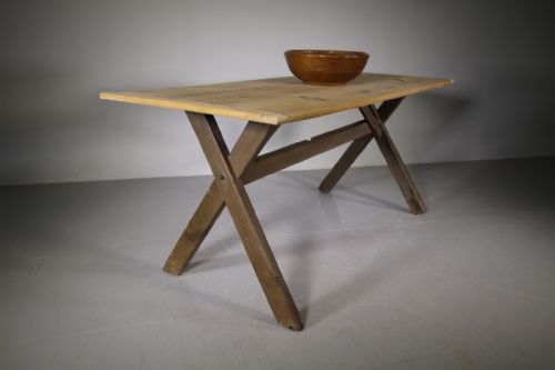English Original Antique Painted Pine X Frame Dining Table