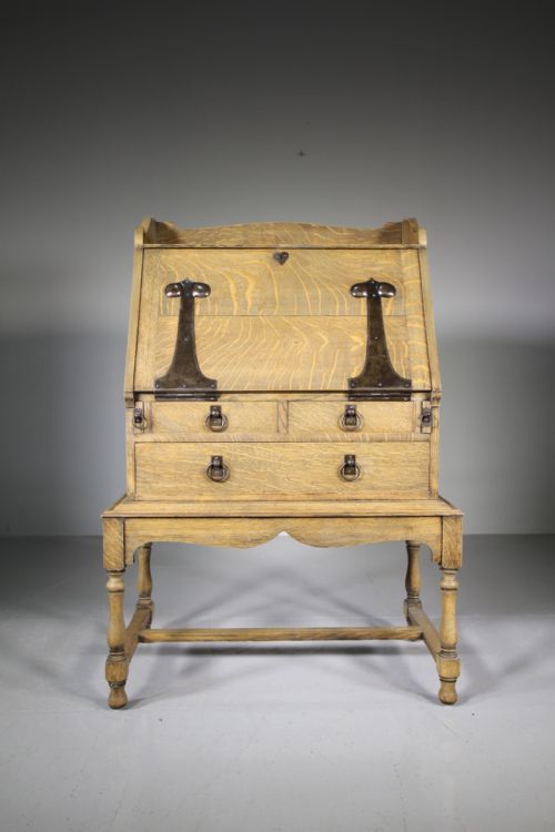 Early Heals of London Antique Oak Bureau on Stand - Labelled