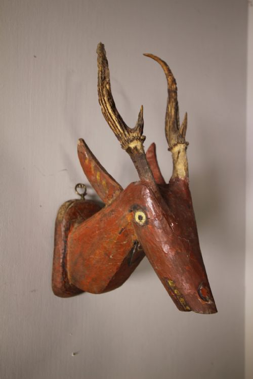Naive Antique Wooden Deers Head in Original Paint
