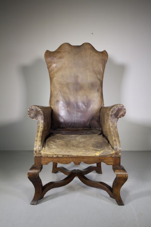 Very Large 19th Century Antique Leather Throne Armchair
