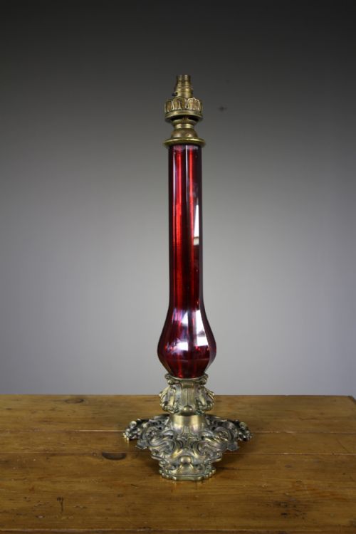 Tall English 19th Century Red Cut Glass & Bronze Table Lamp