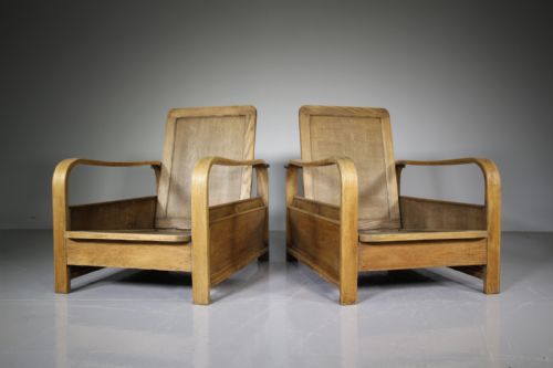 Pair of 1920’S Heals Oak Reclining Library Armchairs