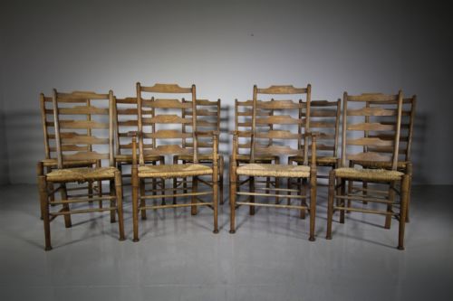 Set of Ten Heals Antique Oak Country Dining Chairs