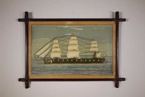 Large Impressive English 19th Century Antique Ship Wool Work