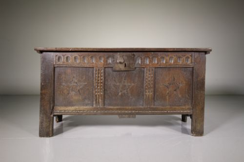 17th Century Antique Oak Coffer with Box Wood Stars