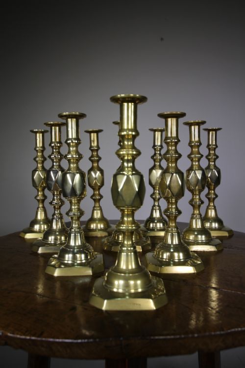 Ten 19th Century Antique Brass Queen of Diamonds Candlesticks