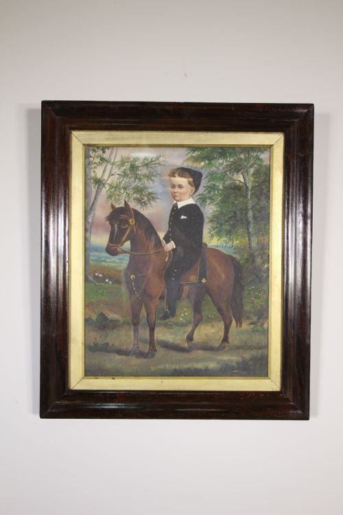 19th Century Antique Oil Painting of Boy on Pony
