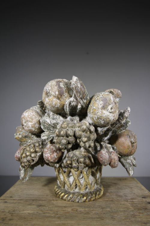 Beautiful 18th Century Antique Carved Oak Basket of Fruit