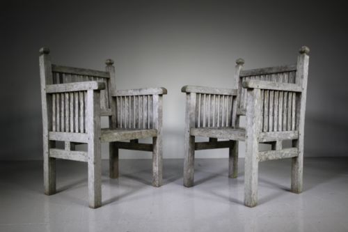 Edwardian Pair of Heals Antique Teak Garden Armchairs
