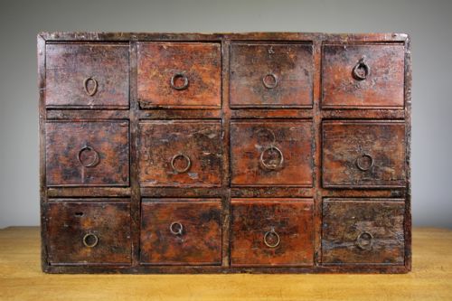 English 19th Century Original Red Painted Pine Antique Bank of Drawers
